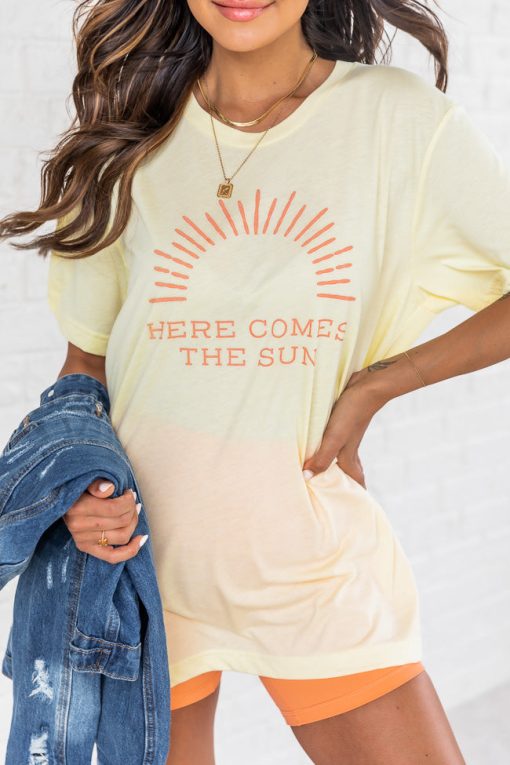 Deals 🔔 Pink Lily Here Comes The Sun Pale Yellow Graphic Tee 😍 -Tees Shop