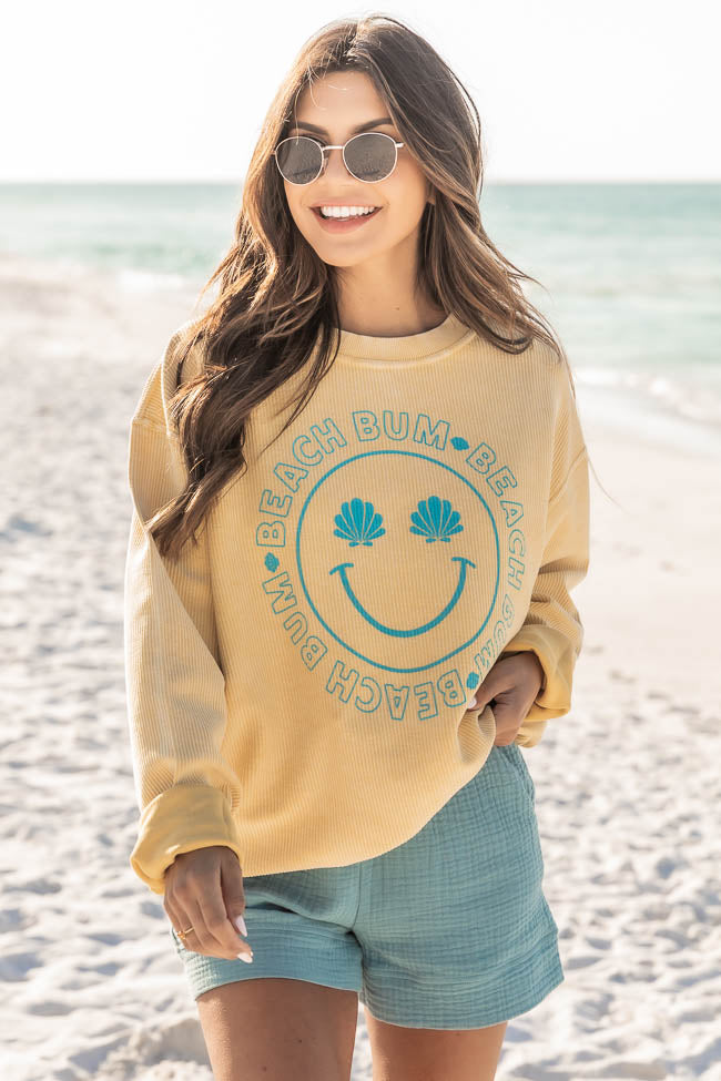 Beach Bum Shell Smiley Gold Corded Graphic Sweatshirt Cheapest π Pink Lily Beach Bum Shell Smiley Gold Corded Graphic Sweatshirt π -Tees Shop