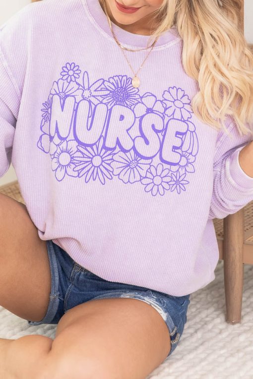 Discount 👏 Pink Lily Nurse Floral Lilac Corded Graphic Sweatshirt 🌟 -Tees Shop