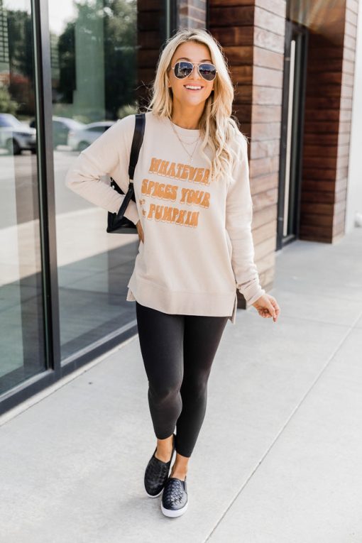 Coupon 👍 Pink Lily Whatever Spices Your Pumpkin Light Tan Graphic Sweatshirt ✨ -Tees Shop