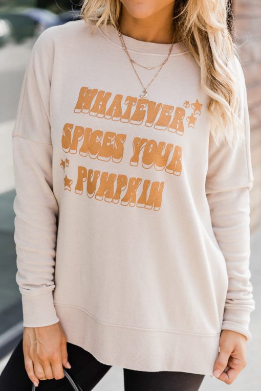 Coupon 👍 Pink Lily Whatever Spices Your Pumpkin Light Tan Graphic Sweatshirt ✨ -Tees Shop