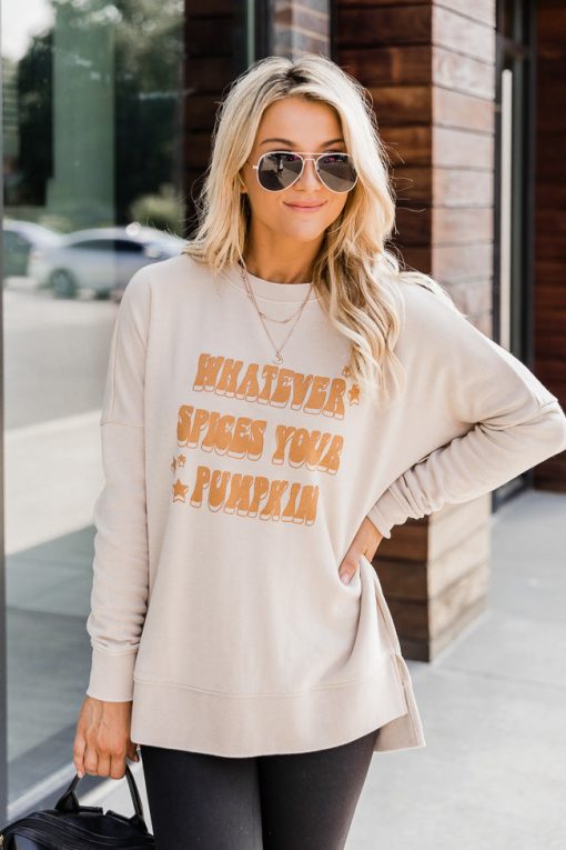 Coupon 👍 Pink Lily Whatever Spices Your Pumpkin Light Tan Graphic Sweatshirt ✨ -Tees Shop