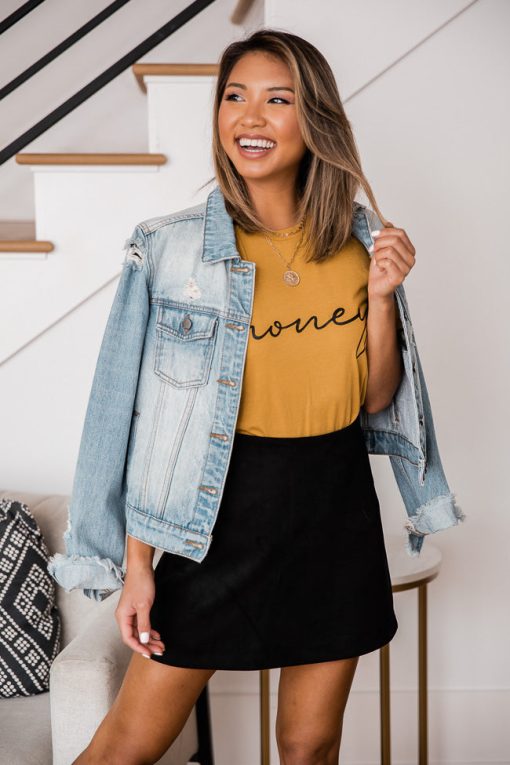 Best reviews of 🔔 Pink Lily Honey Script Mustard Graphic Tee 👏 -Tees Shop