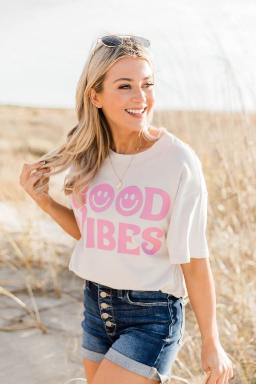 Buy 🔔 Pink Lily Good Vibes Smiley Sand Oversized Graphic Tee 🔔 -Tees Shop
