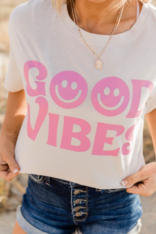 Buy 🔔 Pink Lily Good Vibes Smiley Sand Oversized Graphic Tee 🔔 -Tees Shop