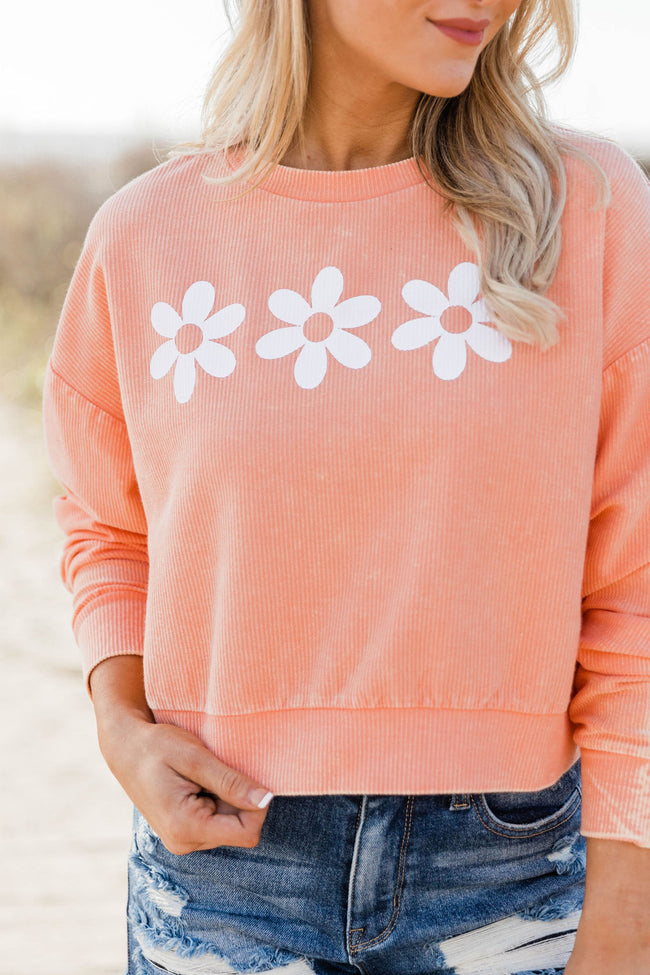 Cheap 👏 Pink Lily Daisies Acid Wash Cropped Corded Salmon Graphic Sweatshirt 🔥 -Tees Shop
