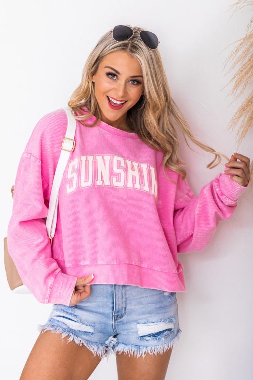 Best Sale 👏 Pink Lily Sunshine Varsity Acid Wash Cropped Corded Pink Graphic Sweatshirt 🔥 -Tees Shop