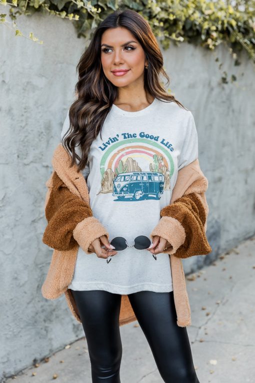 Hot Sale 💯 Pink Lily Livin' The Good Life Oatmeal Graphic Tee ❤️ -Tees Shop