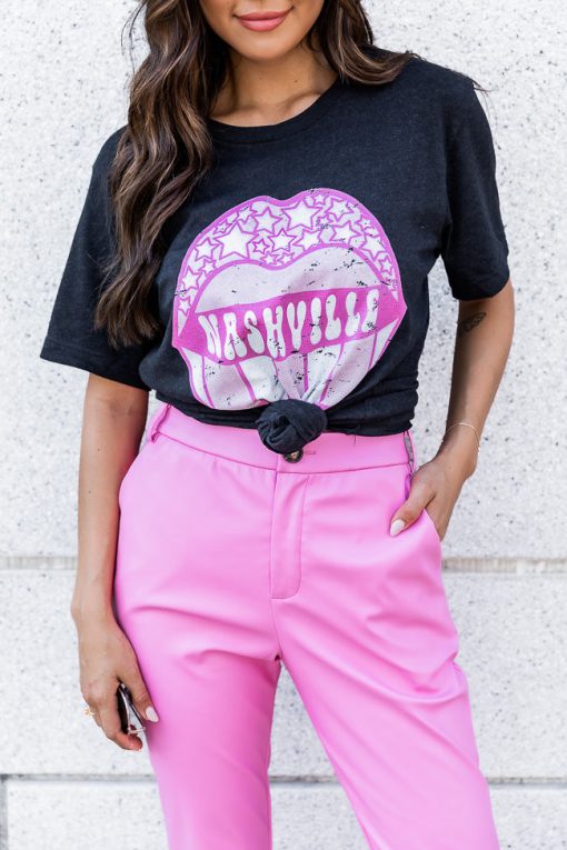 Flash Sale ⌛ Pink Lily Nashville Lips Black Heather Graphic Tee 🎉 -Tees Shop
