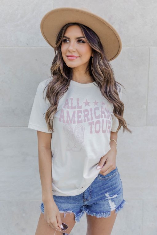 New 💯 Pink Lily All American Tour Cream Graphic Tee 😀 -Tees Shop