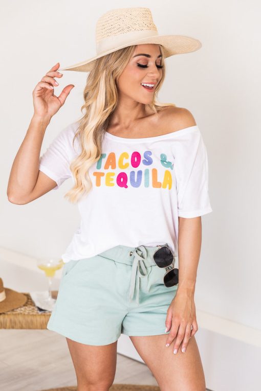 Hot Sale 🧨 Pink Lily Tacos & Tequila White Graphic Slouchy Tee ✨ -Tees Shop