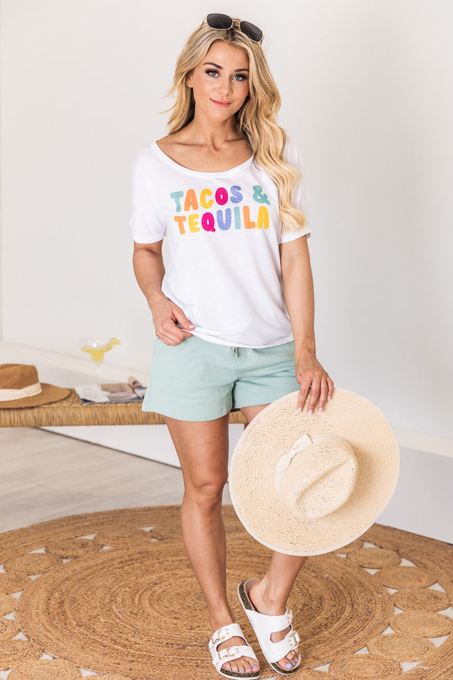 Hot Sale 🧨 Pink Lily Tacos & Tequila White Graphic Slouchy Tee ✨ -Tees Shop