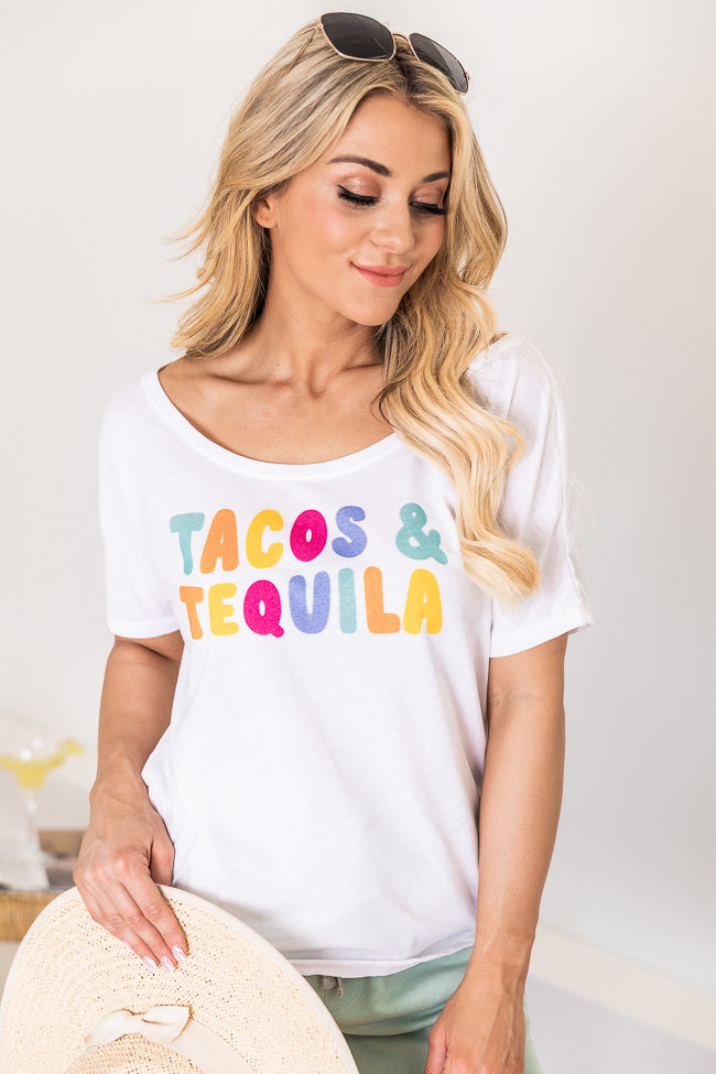 Hot Sale 🧨 Pink Lily Tacos & Tequila White Graphic Slouchy Tee ✨ -Tees Shop