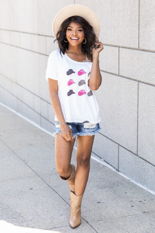 Best Pirce ❤️ Pink Lily Cowboy Hats White Graphic Slouchy Tee 👍 -Tees Shop