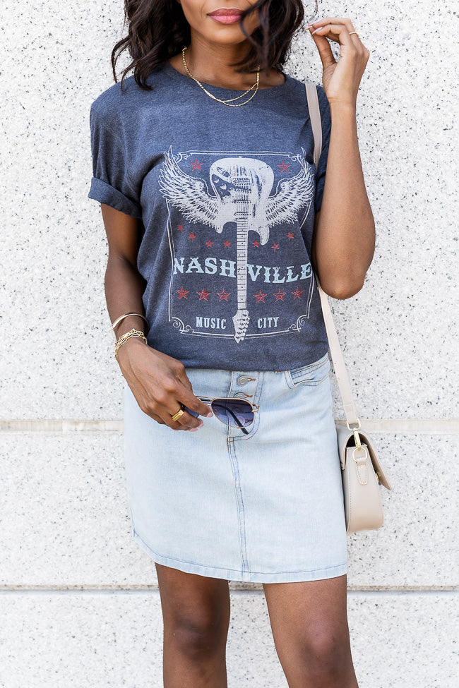 New 🥰 Pink Lily Nashville Music City Midnight Navy Graphic Tee ⌛ -Tees Shop