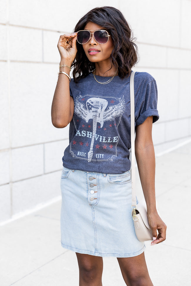 New 🥰 Pink Lily Nashville Music City Midnight Navy Graphic Tee ⌛ -Tees Shop