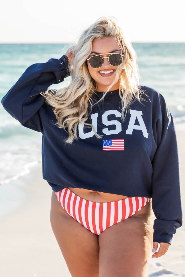 Hot Sale ✔️ Pink Lily Athletic USA Flag Navy Sweatshirt ✔️ -Tees Shop