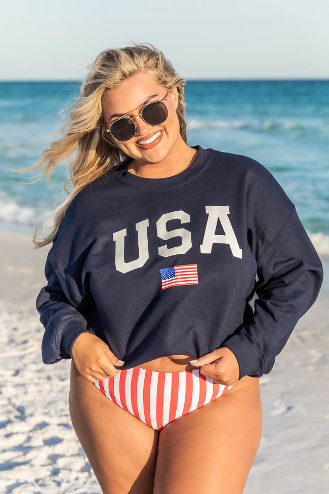 Hot Sale ✔️ Pink Lily Athletic USA Flag Navy Sweatshirt ✔️ -Tees Shop