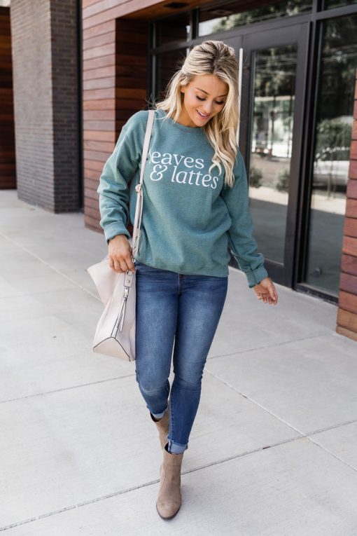 Cheapest 🧨 Pink Lily Leaves And Lattes Heather Green Graphic Sweatshirt 👏 -Tees Shop
