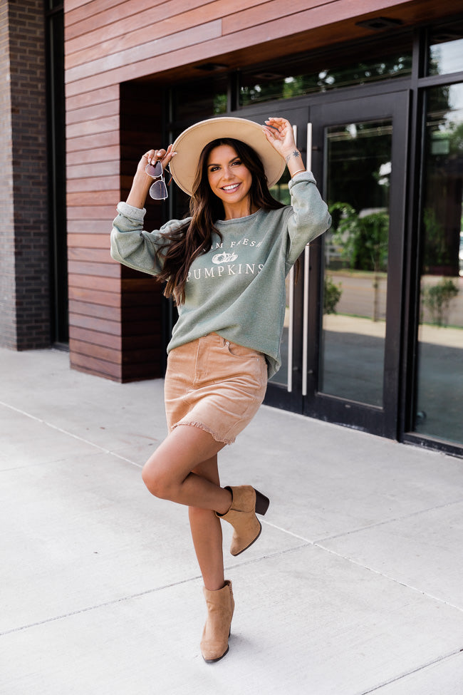 Budget 🥰 Pink Lily Farm Fresh Pumpkins Olive Graphic Sweatshirt 👏 -Tees Shop