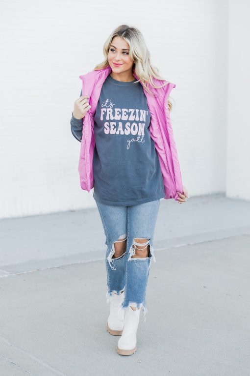Coupon ✨ Pink Lily It's Freezin' Season Yall Blue Long Sleeve Graphic Tee ⭐ -Tees Shop