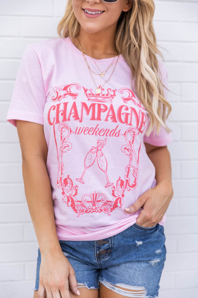 Best Sale 🛒 Pink Lily Champagne Weekends Light Pink Graphic Tee 👍 -Tees Shop