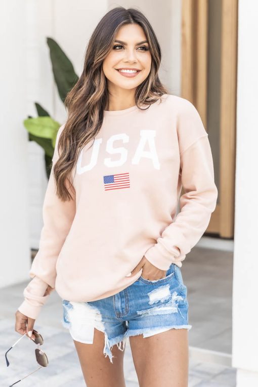 Outlet ⭐ Pink Lily Athletic USA Flag Peach Graphic Sweatshirt 👍 -Tees Shop