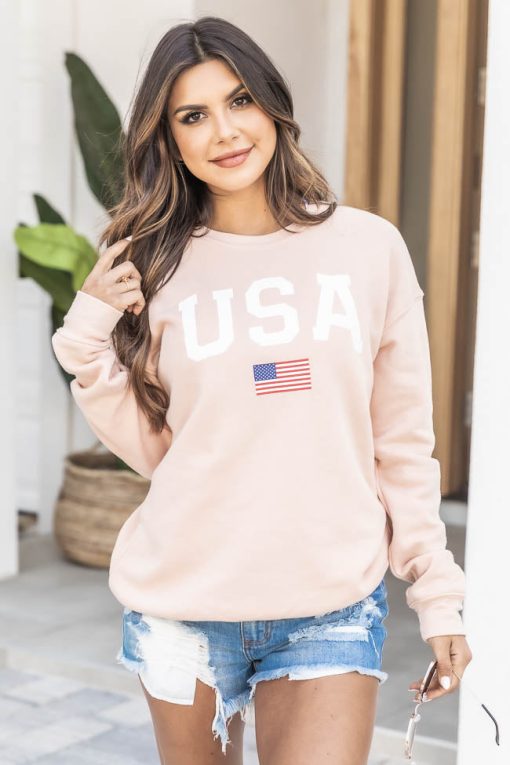 Outlet ⭐ Pink Lily Athletic USA Flag Peach Graphic Sweatshirt 👍 -Tees Shop