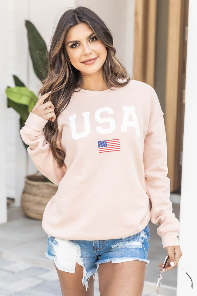 Athletic USA Flag Peach Graphic Sweatshirt Outlet ⭐ Pink Lily Athletic USA Flag Peach Graphic Sweatshirt 👍 -Tees Shop
