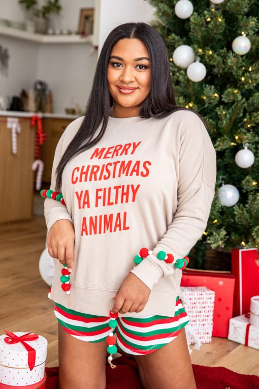 Cheapest ✨ Pink Lily Merry ❄ Christmas Ya Filthy Animal Light Tan Sweatshirt 🔥 -Tees Shop