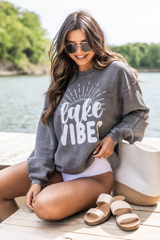 Best reviews of 😉 Pink Lily Lake Vibes Charcoal Corded Graphic Sweatshirt 🧨 -Tees Shop