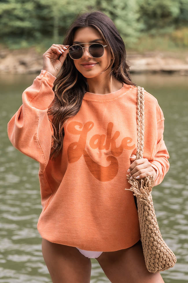 New 😀 Pink Lily Lake Script Orange Corded Graphic Sweatshirt 🎉 -Tees Shop