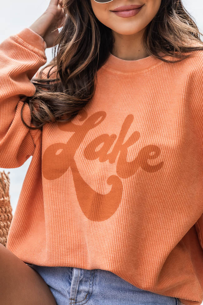 New 😀 Pink Lily Lake Script Orange Corded Graphic Sweatshirt 🎉 -Tees Shop