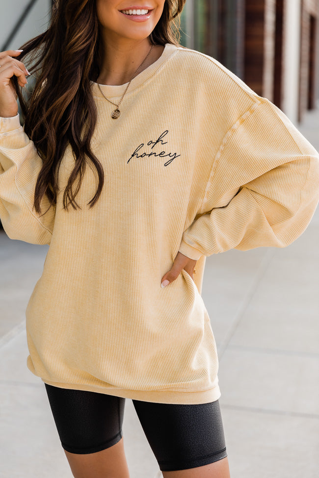 Deals 🔥 Pink Lily Oh Honey Embroidered Gold Corded Graphic Sweatshirt FINAL SALE 🤩 -Tees Shop