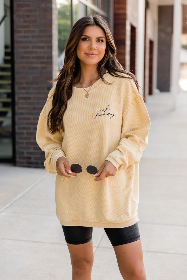 Deals 🔥 Pink Lily Oh Honey Embroidered Gold Corded Graphic Sweatshirt FINAL SALE 🤩 -Tees Shop