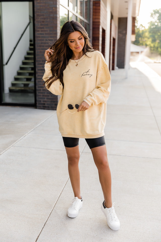 Deals 🔥 Pink Lily Oh Honey Embroidered Gold Corded Graphic Sweatshirt FINAL SALE 🤩 -Tees Shop