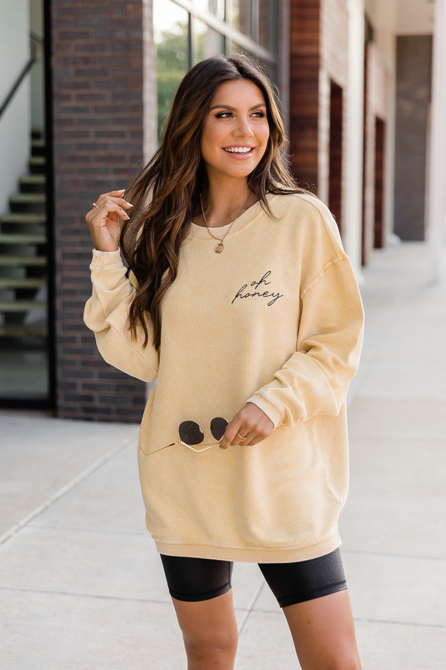Deals 🔥 Pink Lily Oh Honey Embroidered Gold Corded Graphic Sweatshirt FINAL SALE 🤩 -Tees Shop