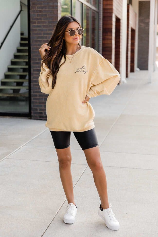 Deals 🔥 Pink Lily Oh Honey Embroidered Gold Corded Graphic Sweatshirt FINAL SALE 🤩 -Tees Shop