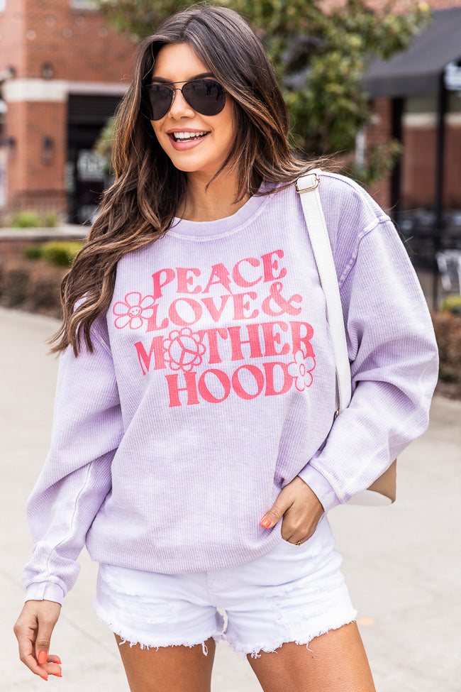 Peace Love and Motherhood Lilac Corded Graphic Sweatshirt Buy π― Pink Lily Peace Love And π© Motherhood Lilac Corded Graphic Sweatshirt π₯° -Tees Shop