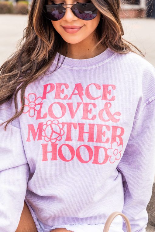 Buy 💯 Pink Lily Peace Love And 👩 Motherhood Lilac Corded Graphic Sweatshirt 🥰 -Tees Shop