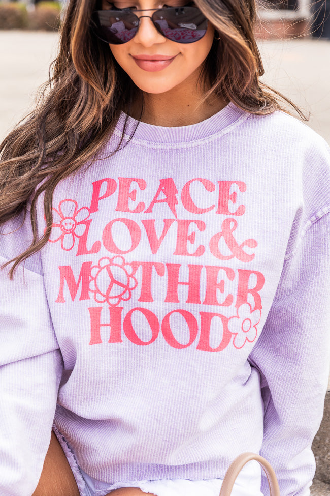 Peace Love and Motherhood Lilac Corded Graphic Sweatshirt Buy π― Pink Lily Peace Love And π© Motherhood Lilac Corded Graphic Sweatshirt π₯° -Tees Shop
