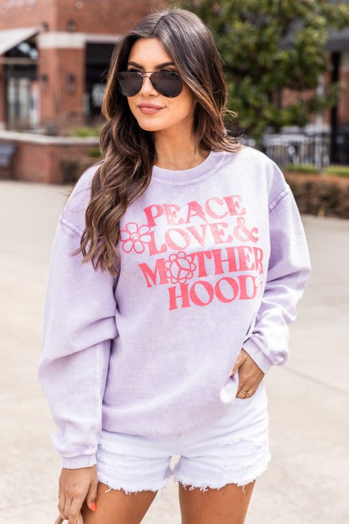 Buy 💯 Pink Lily Peace Love And 👩 Motherhood Lilac Corded Graphic Sweatshirt 🥰 -Tees Shop