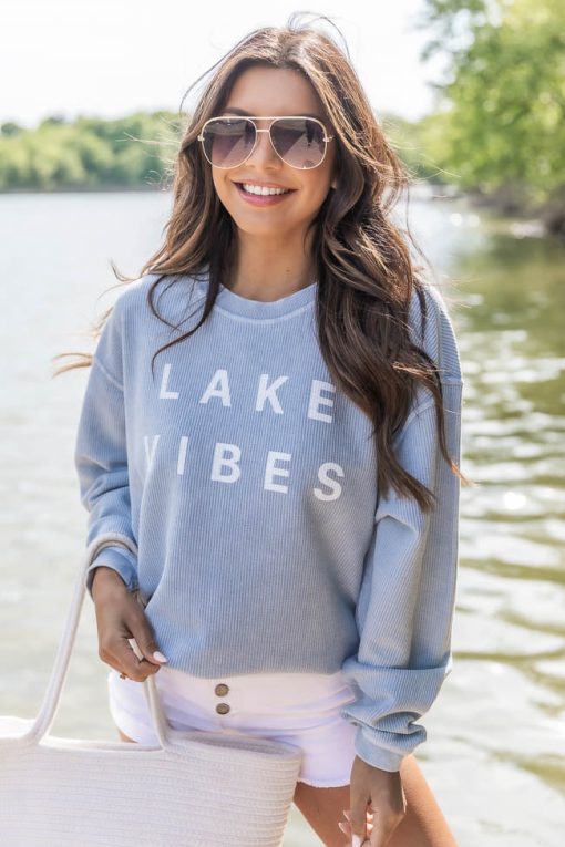Flash Sale ❤️ Pink Lily Lake Vibes Corded Graphic Faded Denim Sweatshirt 😉 -Tees Shop