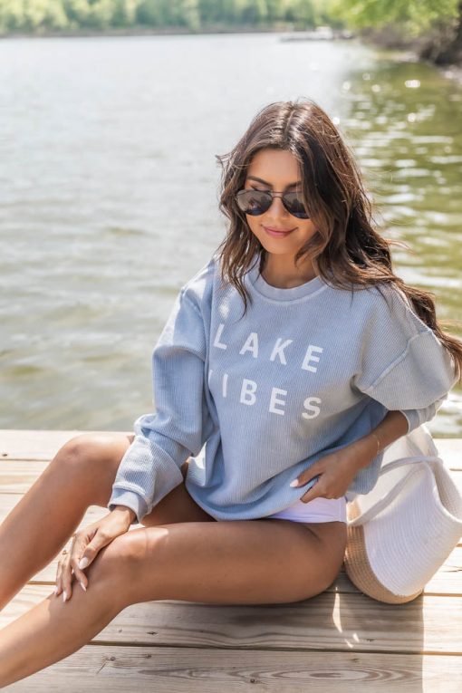 Flash Sale ❤️ Pink Lily Lake Vibes Corded Graphic Faded Denim Sweatshirt 😉 -Tees Shop