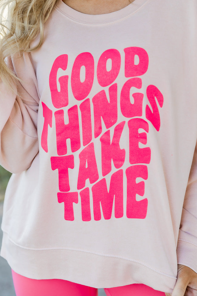 Coupon 🔔 Pink Lily Good Things Take Time Pale Pink Graphic Sweatshirt 🔥 -Tees Shop