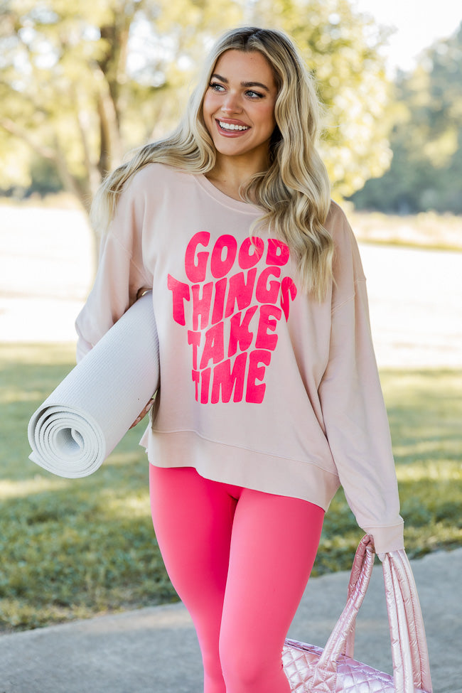 Coupon 🔔 Pink Lily Good Things Take Time Pale Pink Graphic Sweatshirt 🔥 -Tees Shop