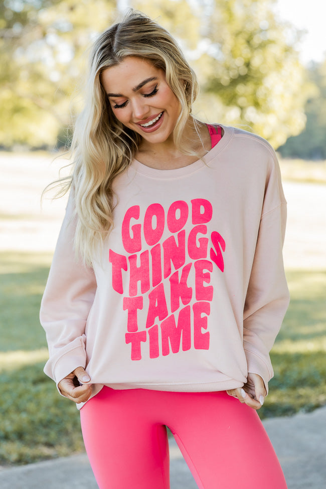 Coupon 🔔 Pink Lily Good Things Take Time Pale Pink Graphic Sweatshirt 🔥 -Tees Shop