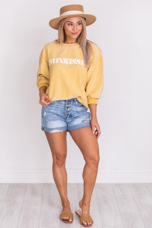 Hot Sale 🤩 Pink Lily Sunkissed Gold Corded Graphic Sweatshirt 🛒 -Tees Shop