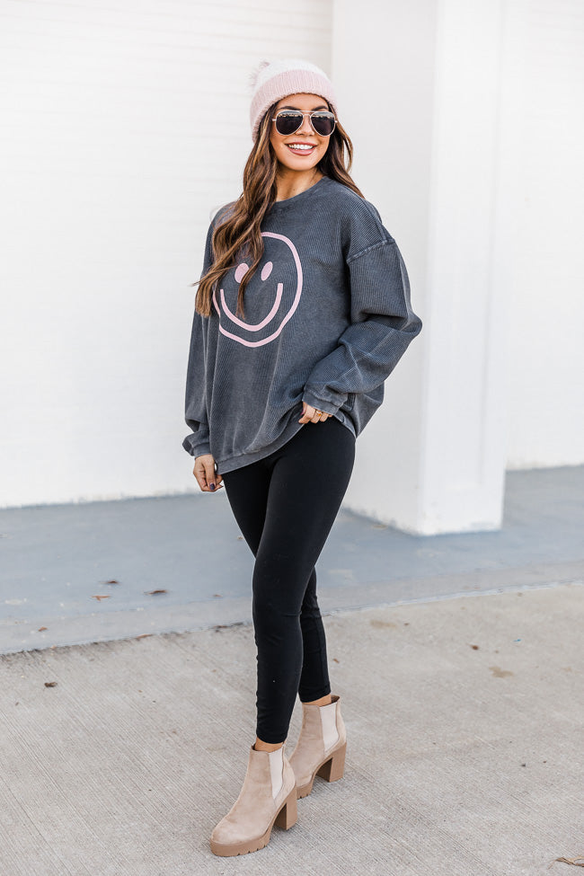 Cheap 🌟 Pink Lily Pink Smiley Face Charcoal Corded Graphic Sweatshirt 🎁 -Tees Shop