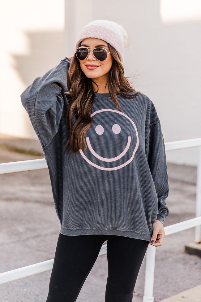 Cheap 🌟 Pink Lily Pink Smiley Face Charcoal Corded Graphic Sweatshirt 🎁 -Tees Shop